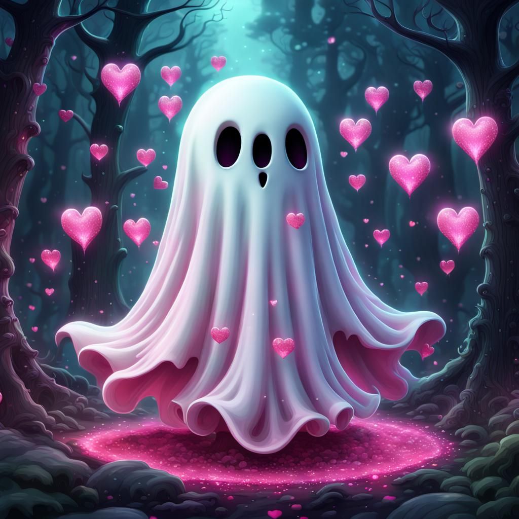 Cartoon Ghost with Pink Hearts in Spooky Forest