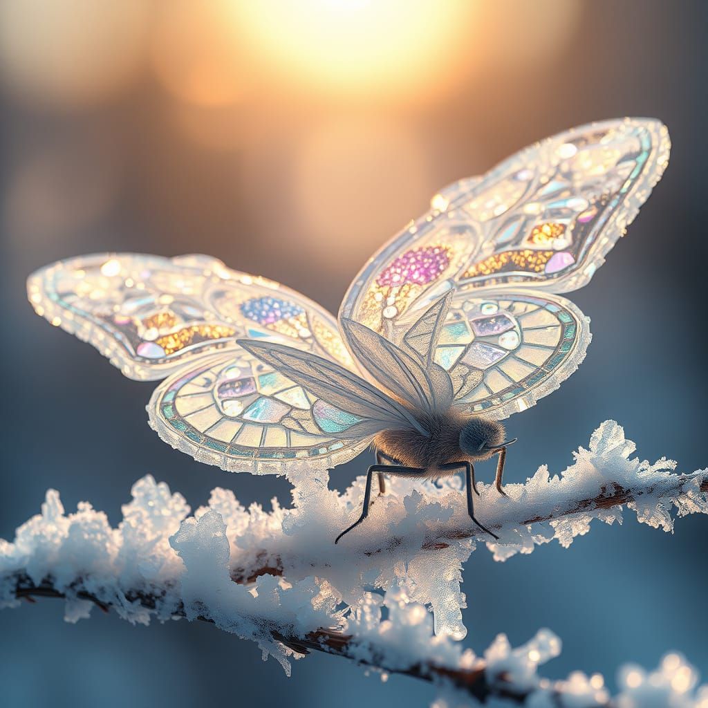 Crystalline Ice Butterfly in Dystopian Winter Wonderland