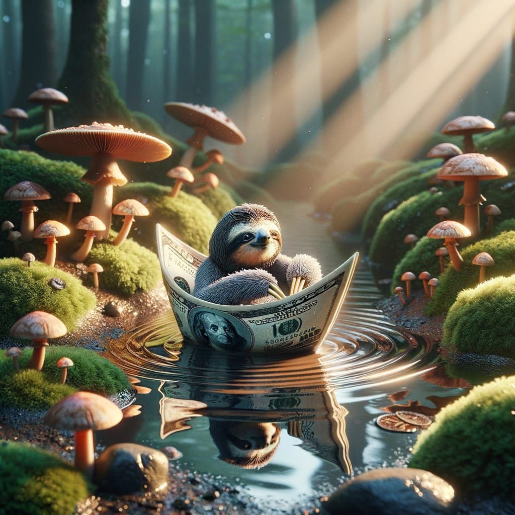 Sloth in Currency Boat on Forest Puddle
