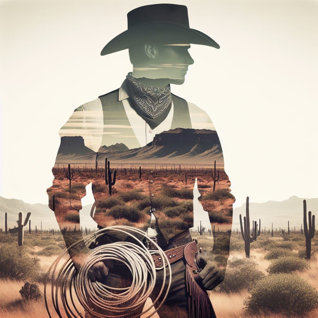 Cowboy Silhouette in Western Landscape Double Exposure