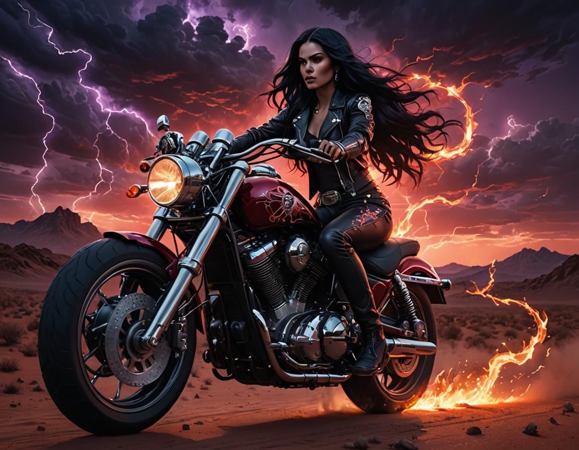 Woman on Motorcycle in Desert Night Sky