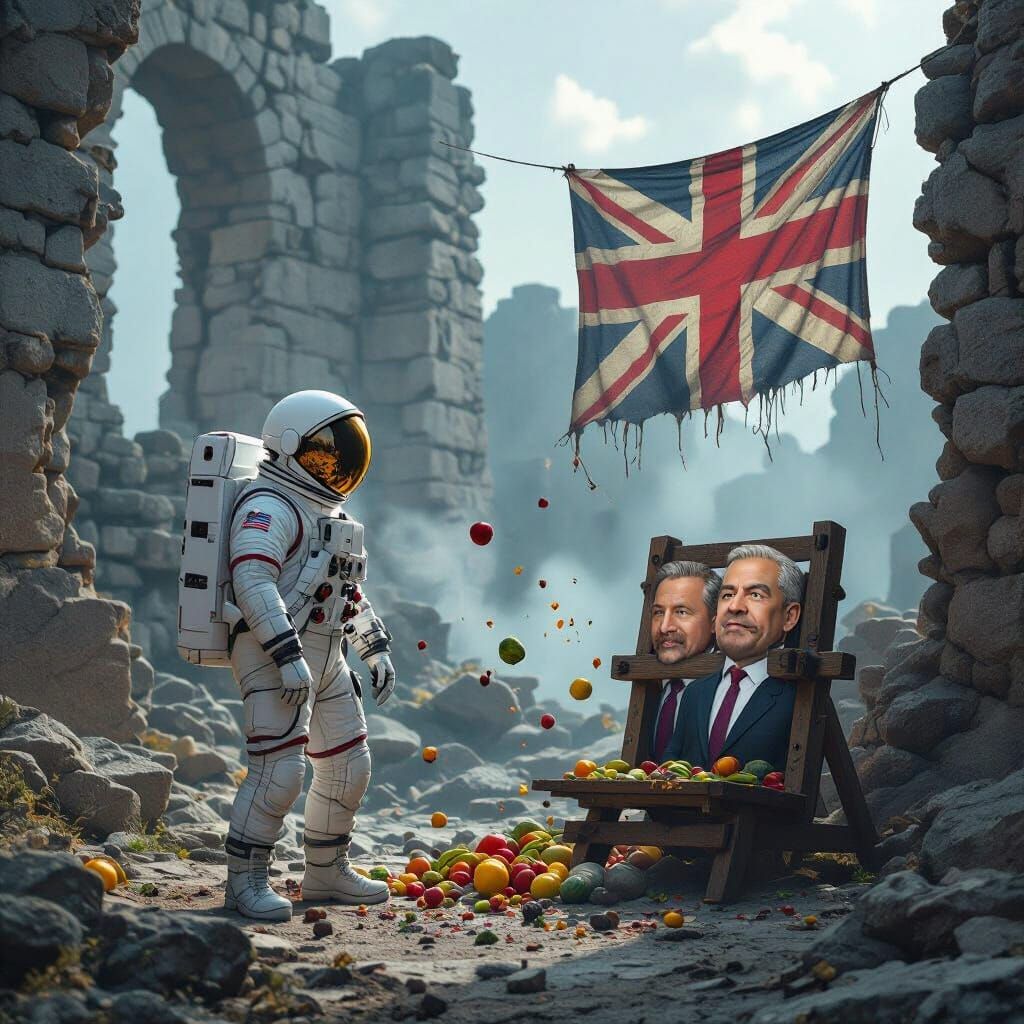Astronaut in Ancient Ruins with Political Satire