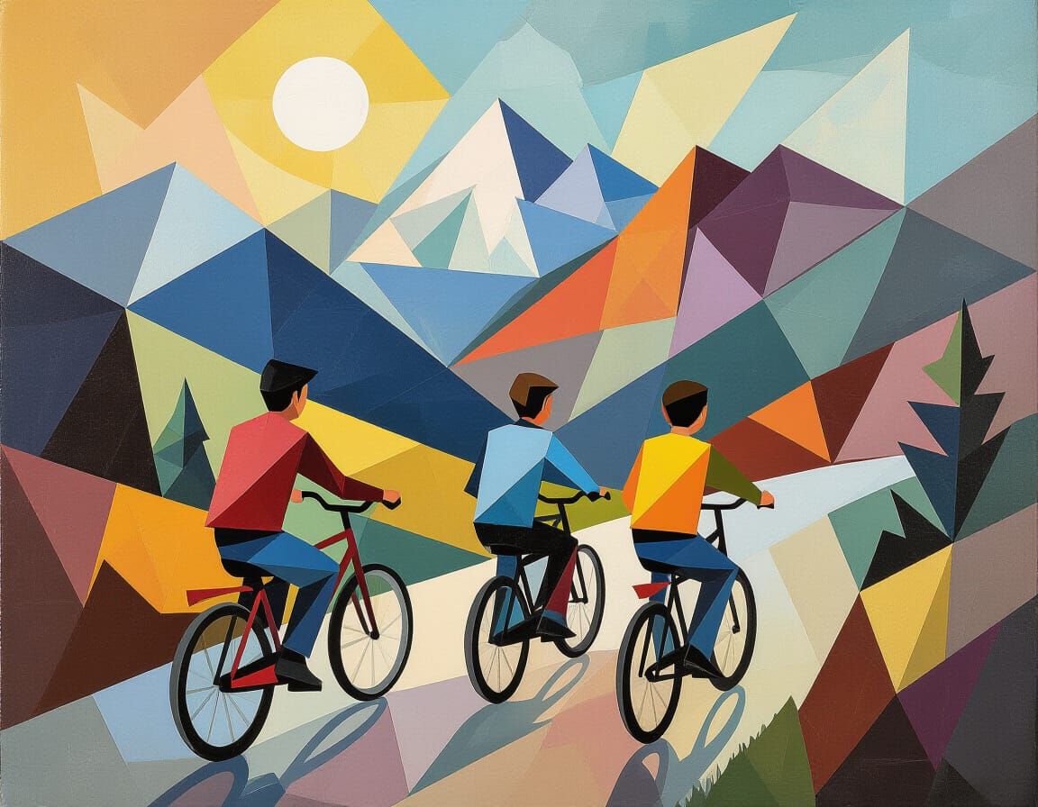 Cubist Boys Bicycling in Mountain Landscape