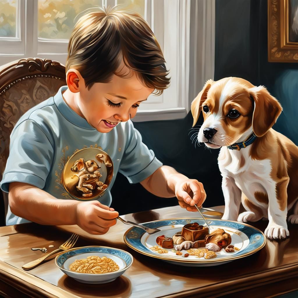 Boy Feeds Puppy: Detailed Oil Painting