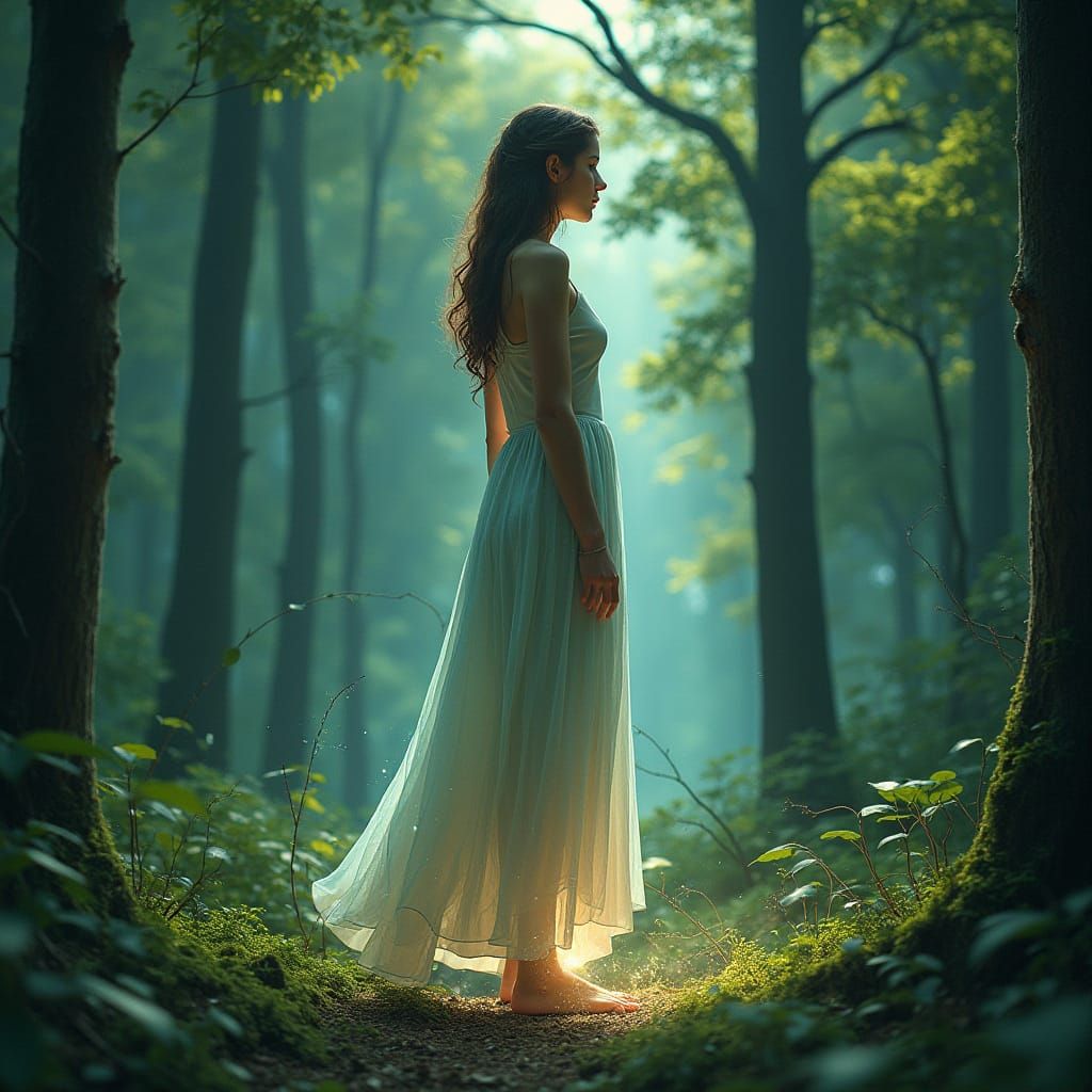 Bioelectrical Woman Connects to Earth in Forest