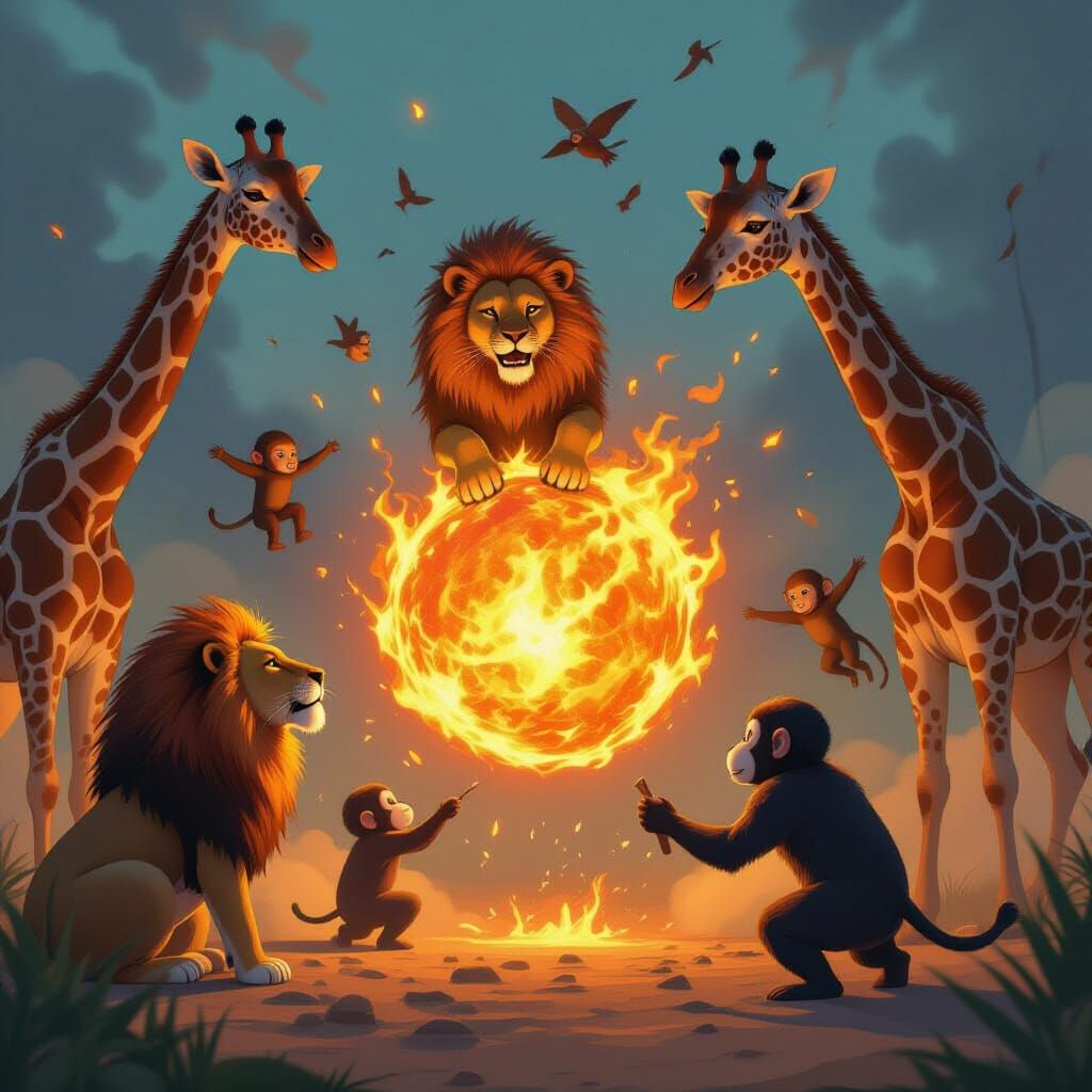 Zoo Animals Fly Around Fireball in Digital Art