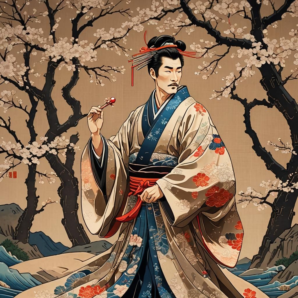 Japanese Singer in Traditional Ukiyo-e Style Costume