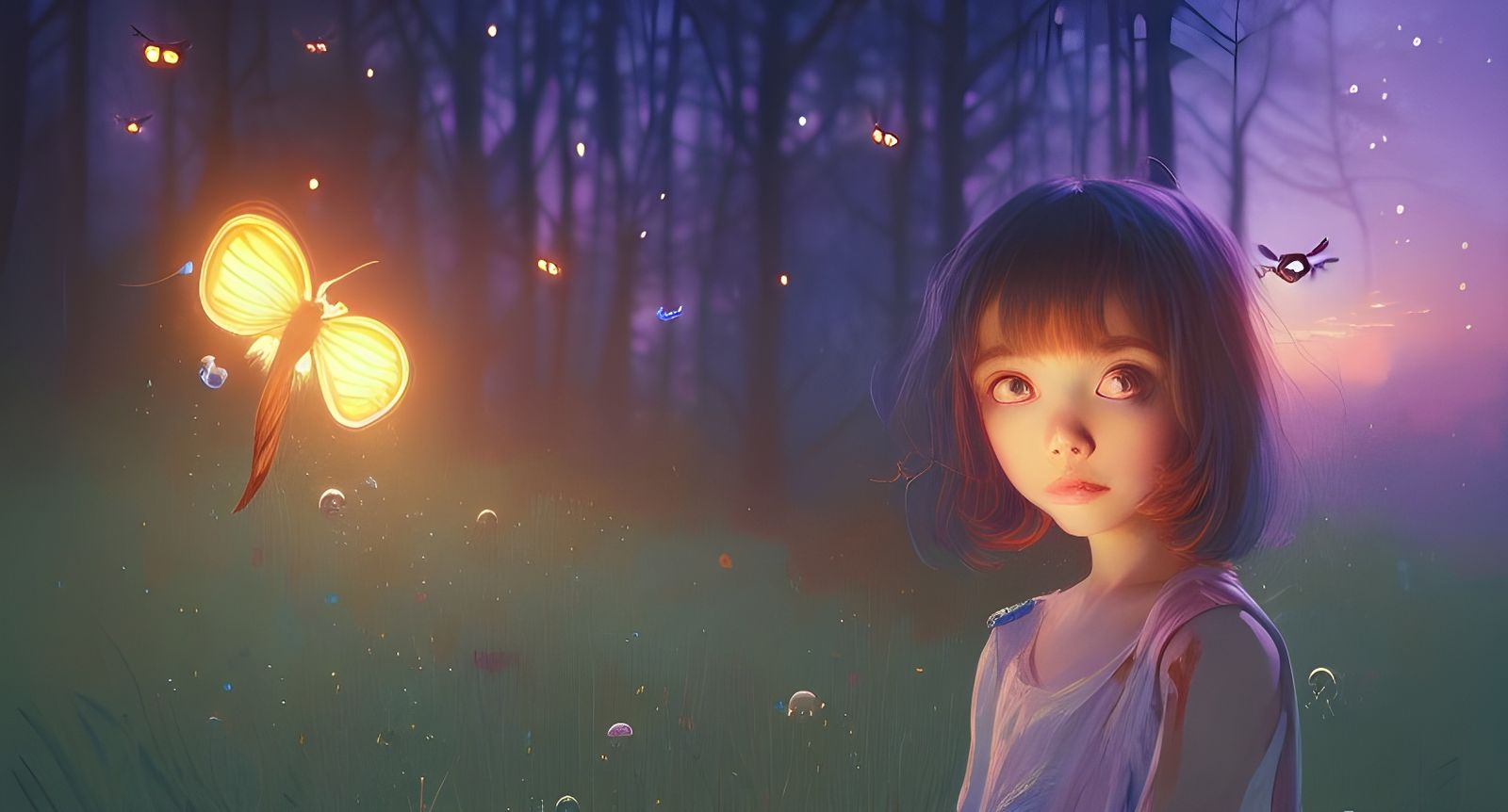 Cute Girl Portrait with Fireflies: Digital Illustration
