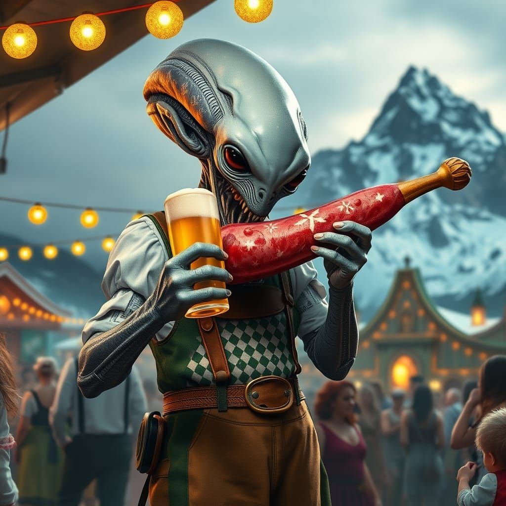 Bavarian Grey Alien Savoring Oktoberfest Feast