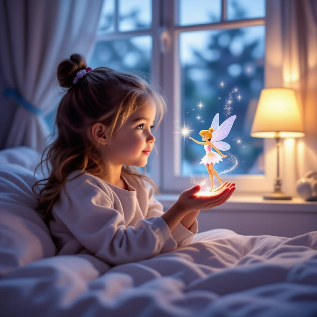 young girl sitting in her bedroom window with her hand held out and a tinkerbell style fairy