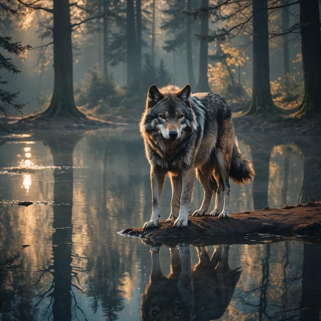 Wolf's Dual Reflection: Angel and Demon in Golden Light