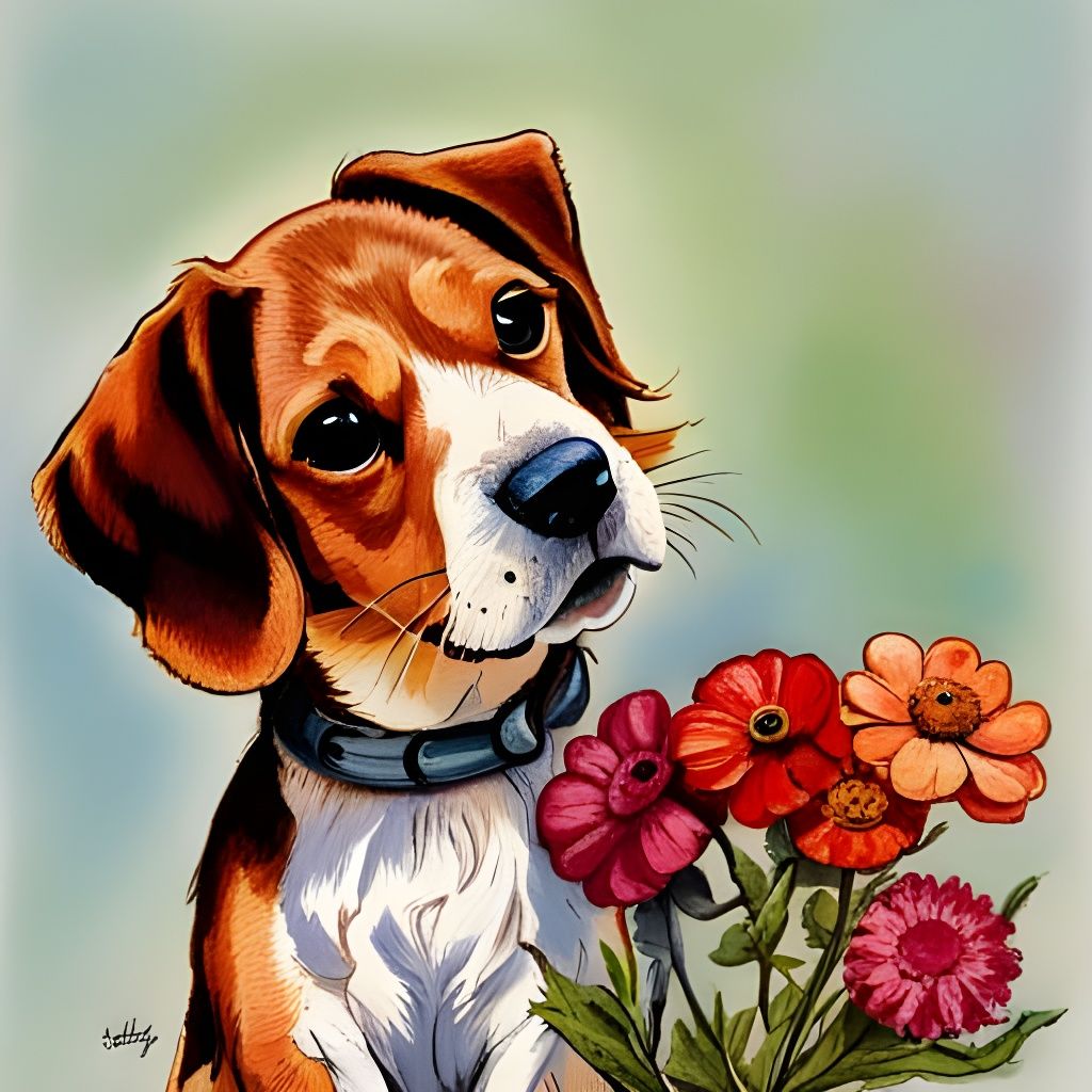 Adorable Beagle with Crochet Flowers, Vintage Illustration