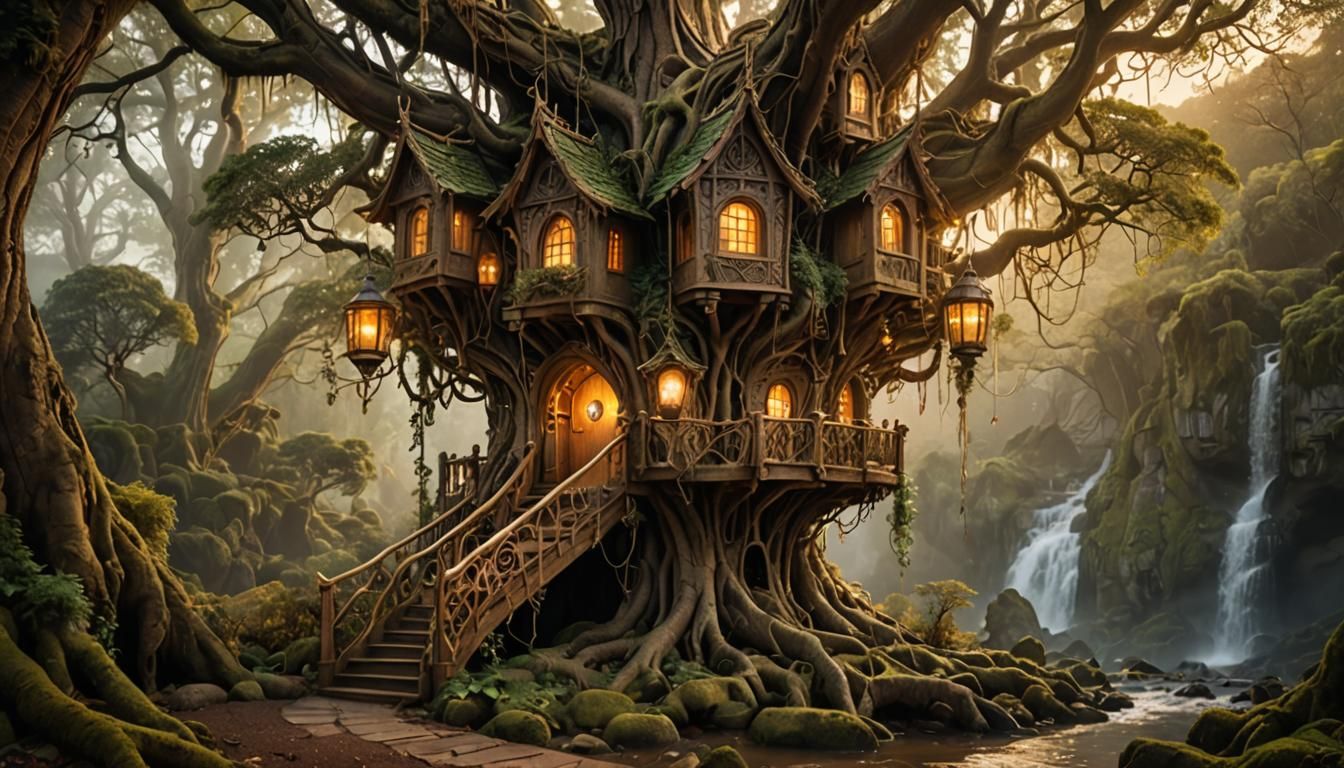 Elegant Elven Treehouse in Mystical Forest Ambiance