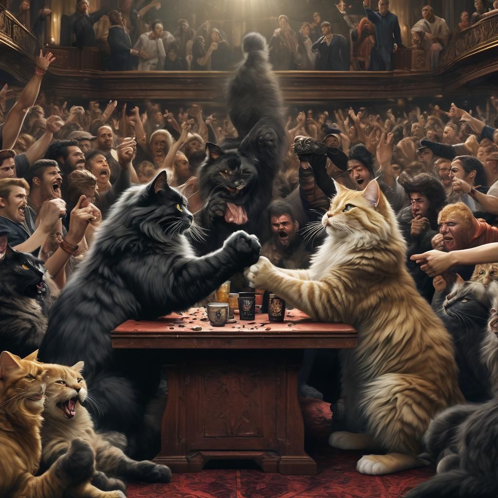 Cats Arm Wrestling: A Humorous Baroque Digital Art