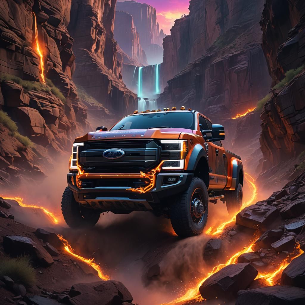 Neon F-450 Truck Speeds Through Mystical Canyon