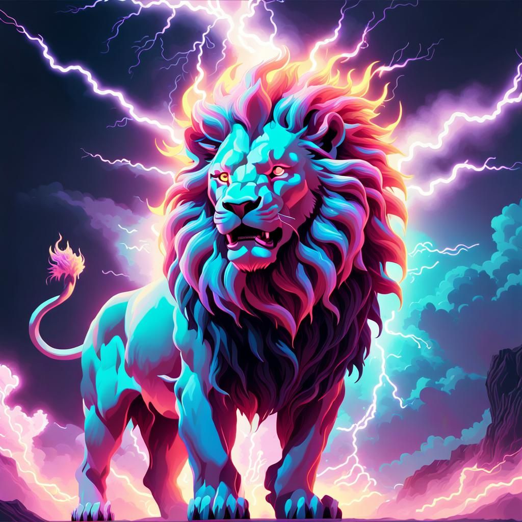 A majestic, mythical lion surrounded by a surreal vaporwave-inspired aesthetic.
