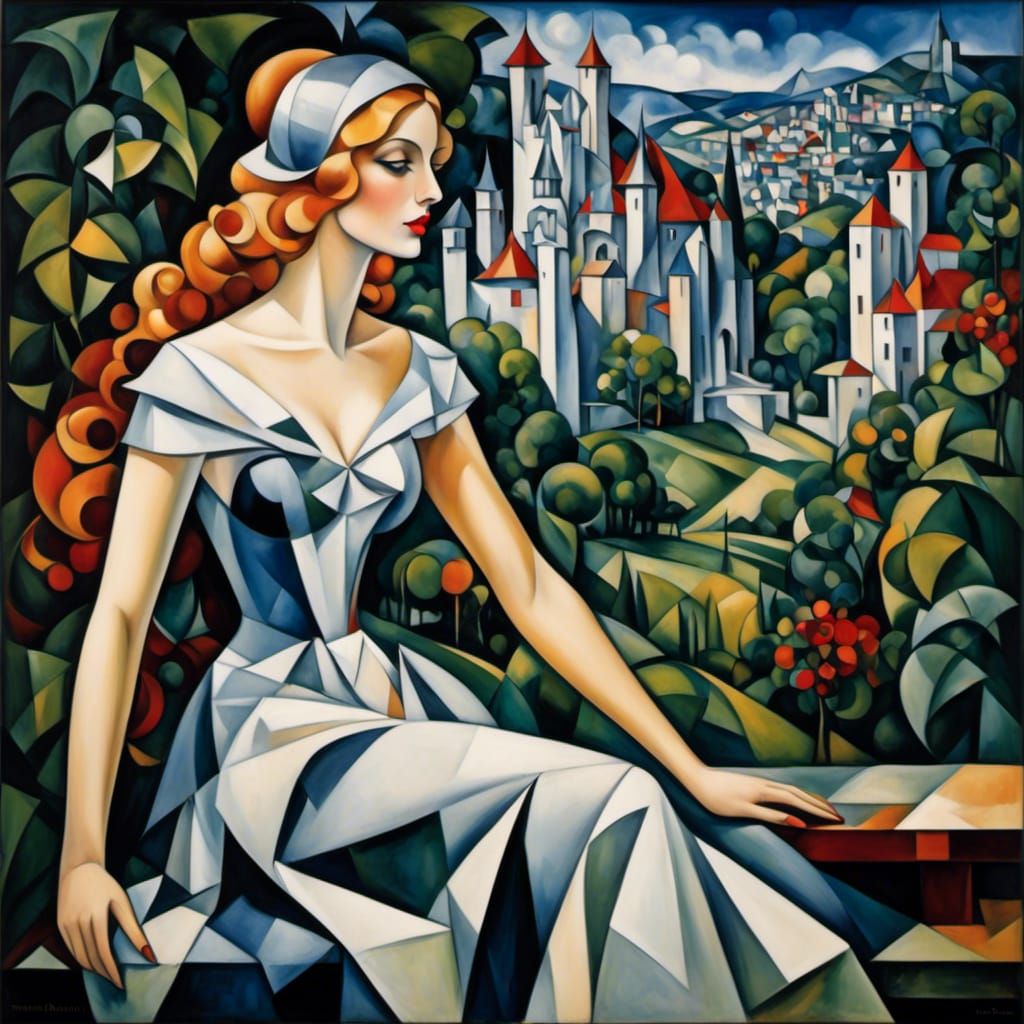 Princess on Garden Bench in Cubist Style