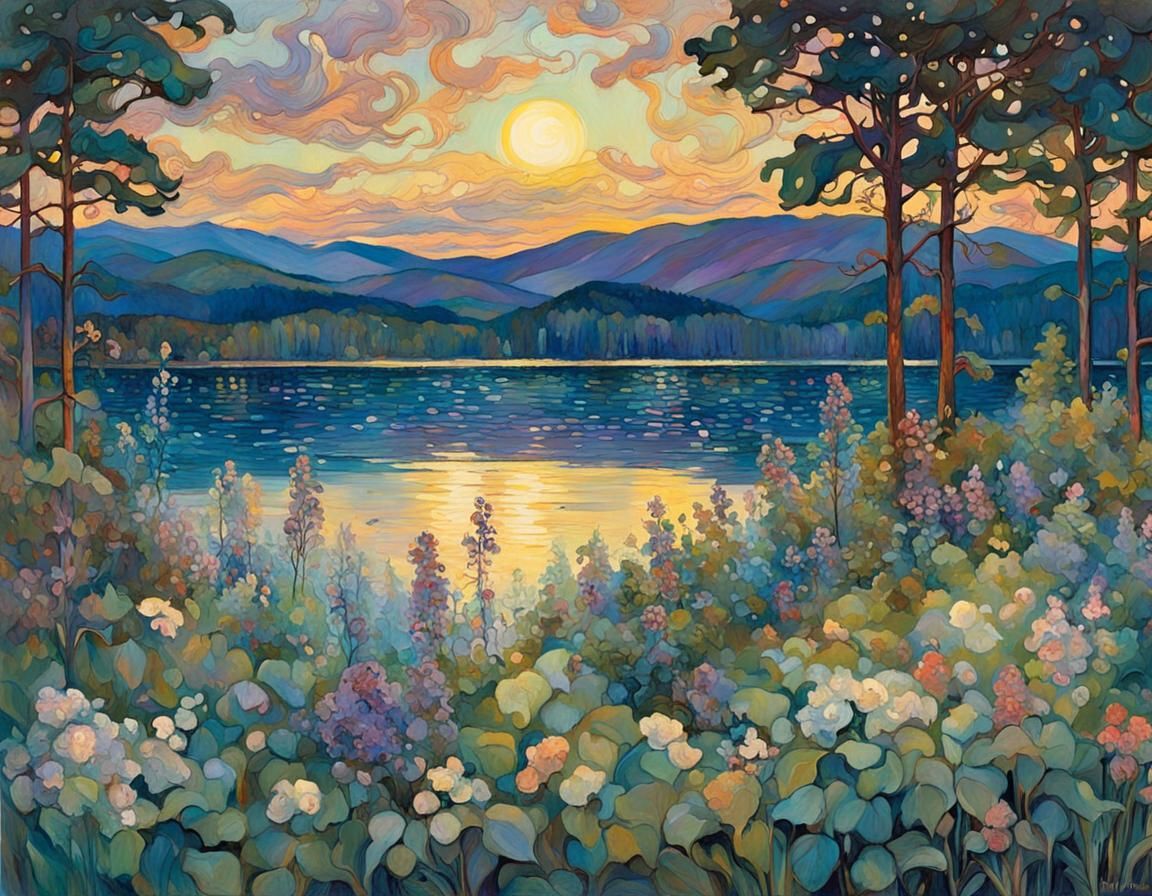 Swedish Lake at Midsummer Night: Stained Glass Impression