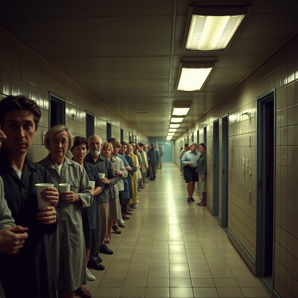 Institutional Waiting Room in Eerie, Gritty Realism