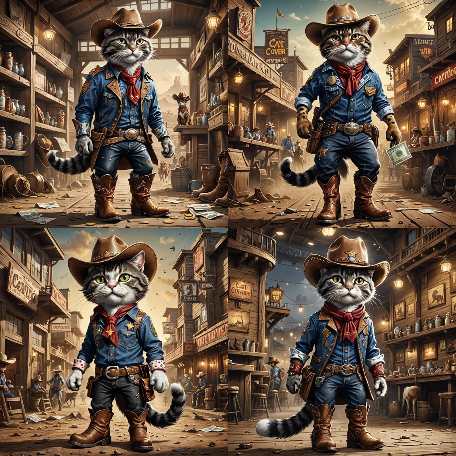 Cowboy Cat Rides Rodeo Horse: Detailed Matte Painting