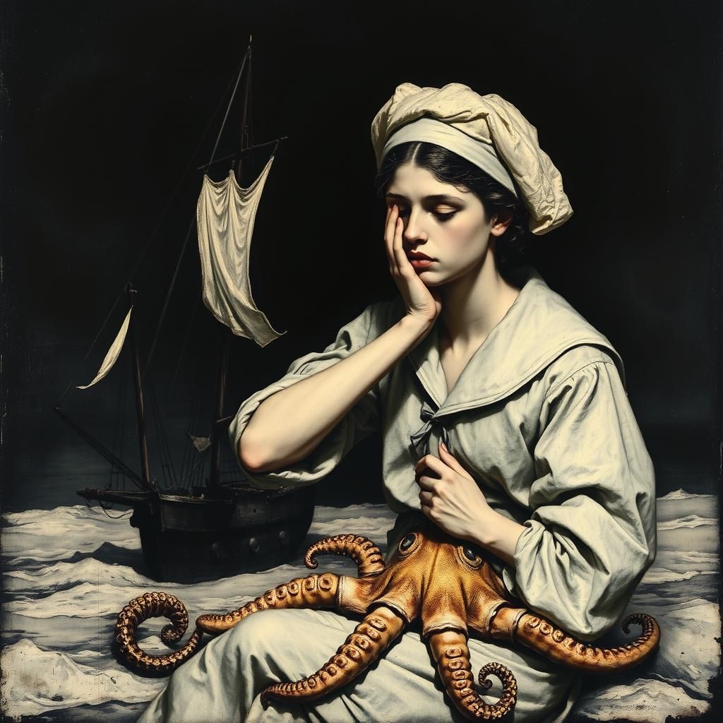 Weeping Sailor with Octopus in Chiaroscuro Style