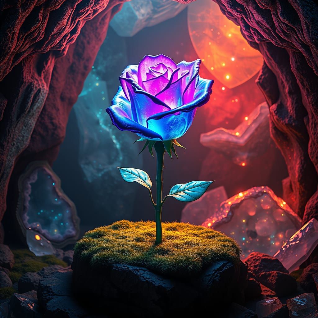 Luminescent Rose in Crystalline Grotto