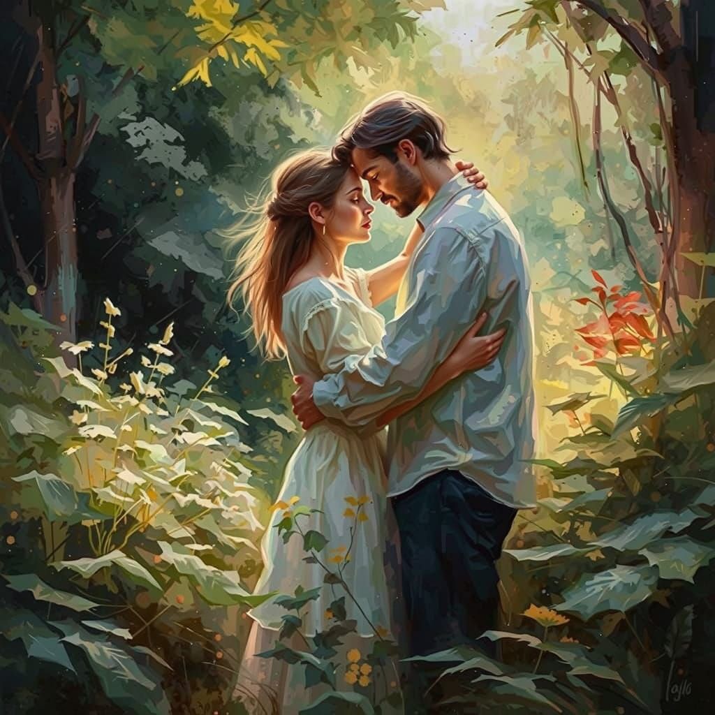 Ethereal Couple Embracing in a Dreamlike Atmosphere