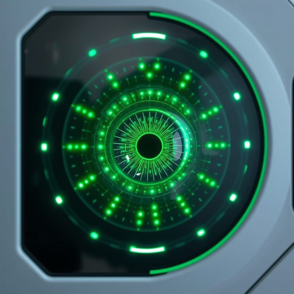 AI EOS, round eye display, ring of green lights all around the eye, in a white mobile casing. Double exposure with a sup...