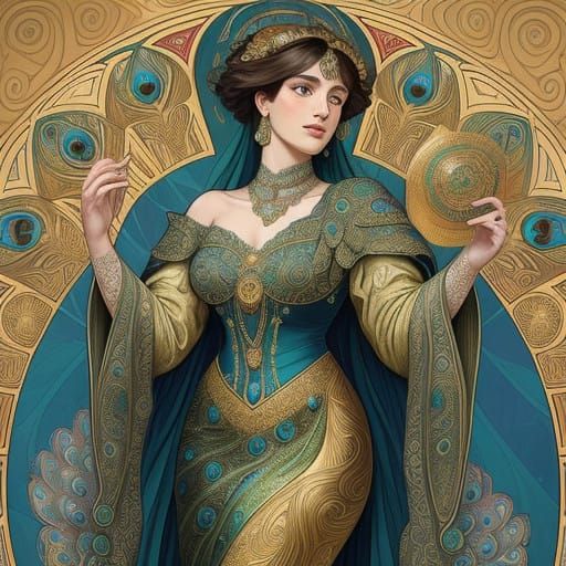 Majestic Peacock Portrait in Opulent Art Nouveau Style