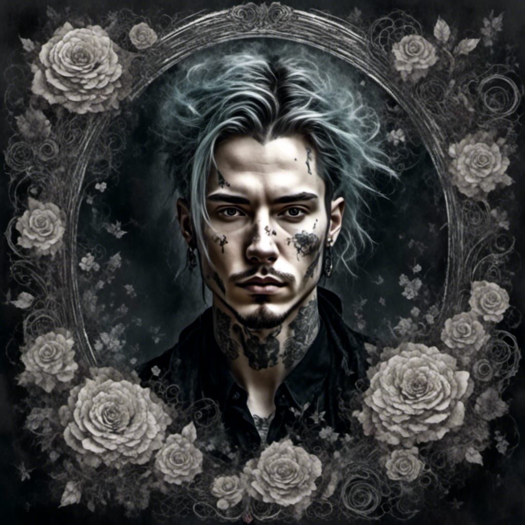 Gothic Man Portrait in Floral Frame