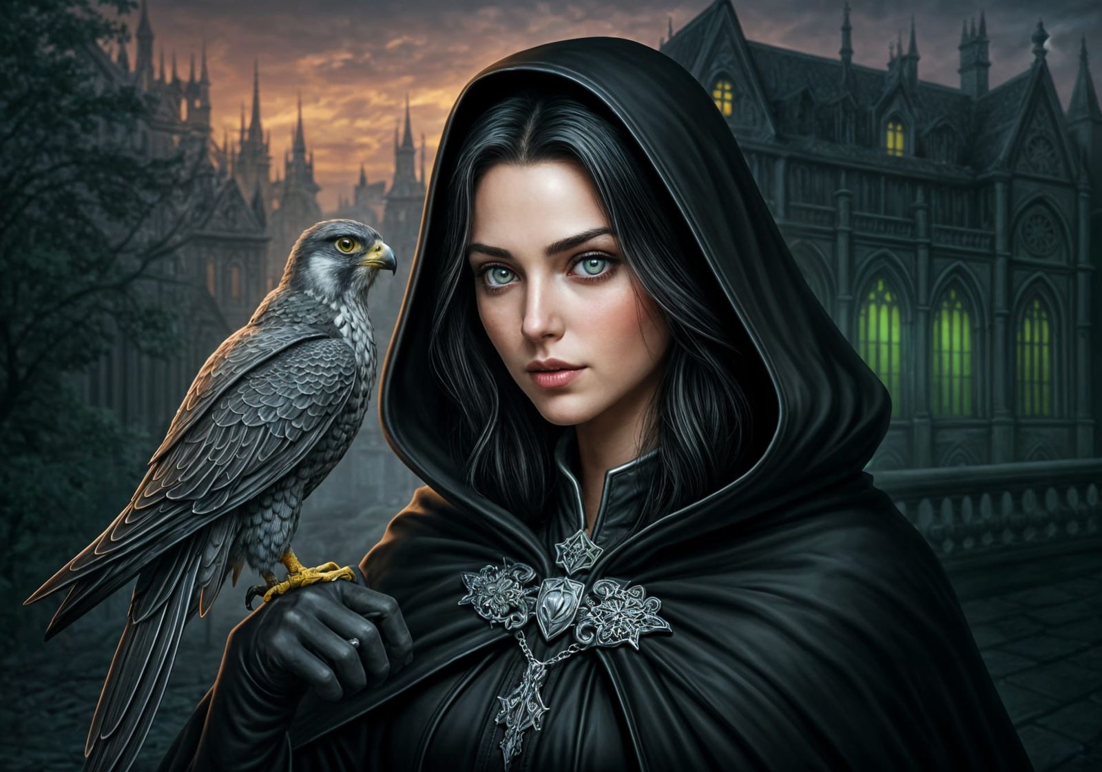 Young Lady in Gothic Cloak with Unusual Falcon