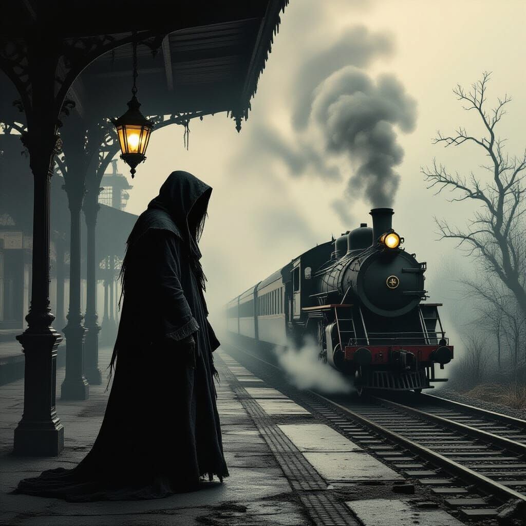 Eerie Spectral Conductor in Desolate Station, Cosmic Horror ...