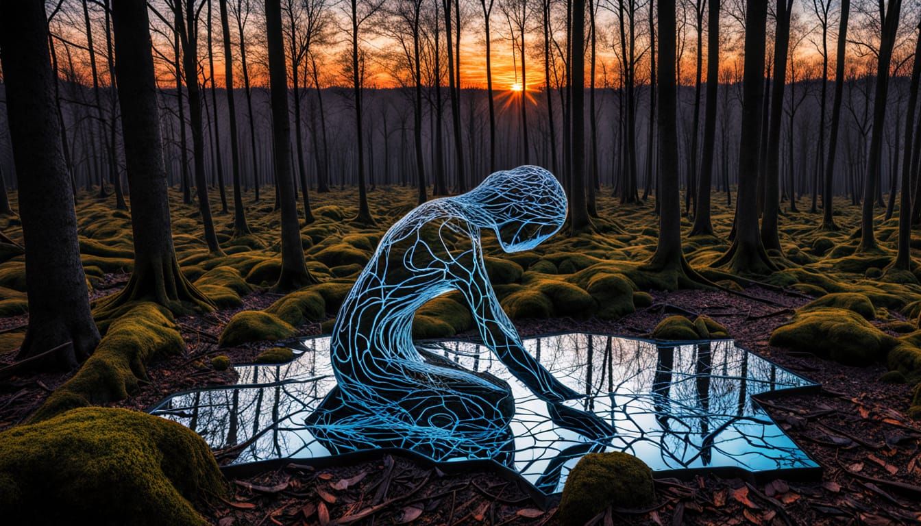 Surreal Sculpture of Woman by Sunset in Bio Art Collage