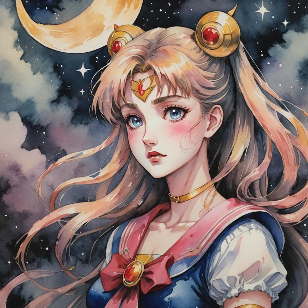 Sailor Moon in Watercolor Painting with Dark Magic
