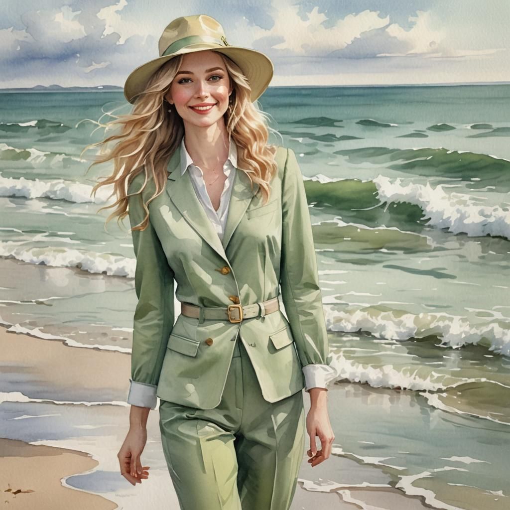 Dreamy Watercolor: Blonde Woman on Serene Beach