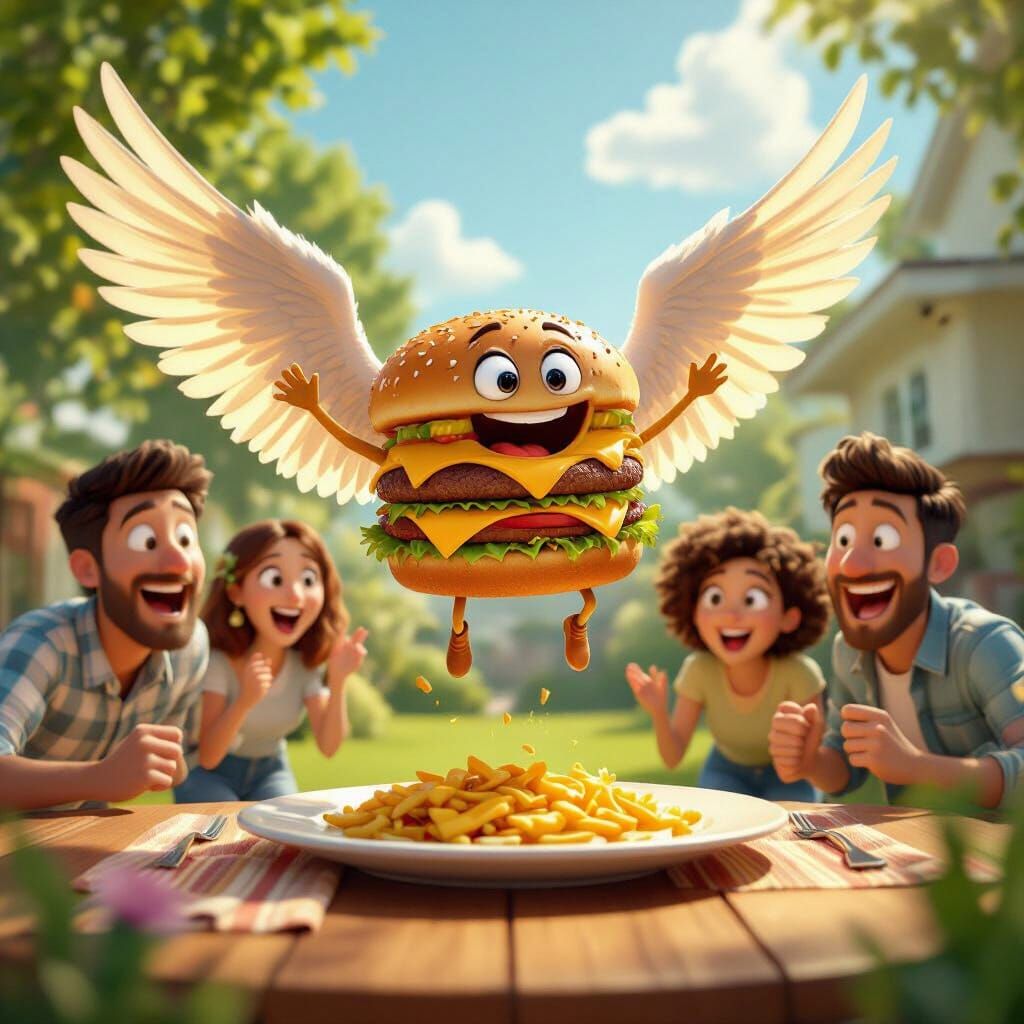 Flying Cheeseburger Escapes Dinner in Pixar 3D Style