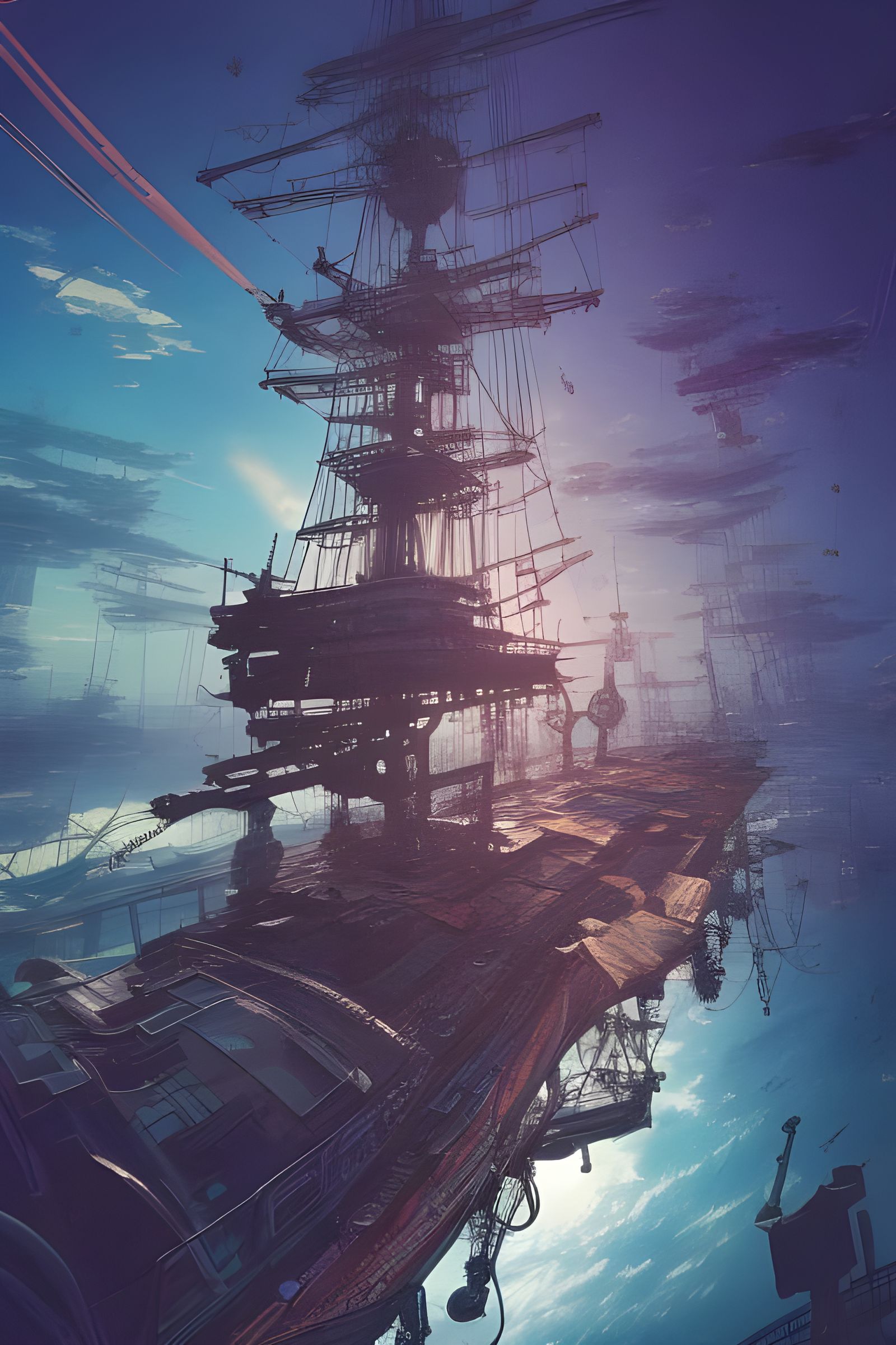 Cyberpunk Pirate Ship Sailing Through Space