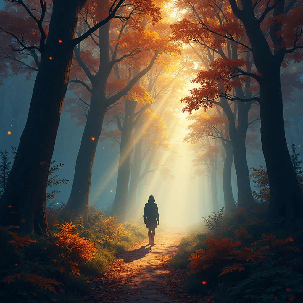 Mystical Figure in Enchanted Autumn Forest: 8K Unreal Engine