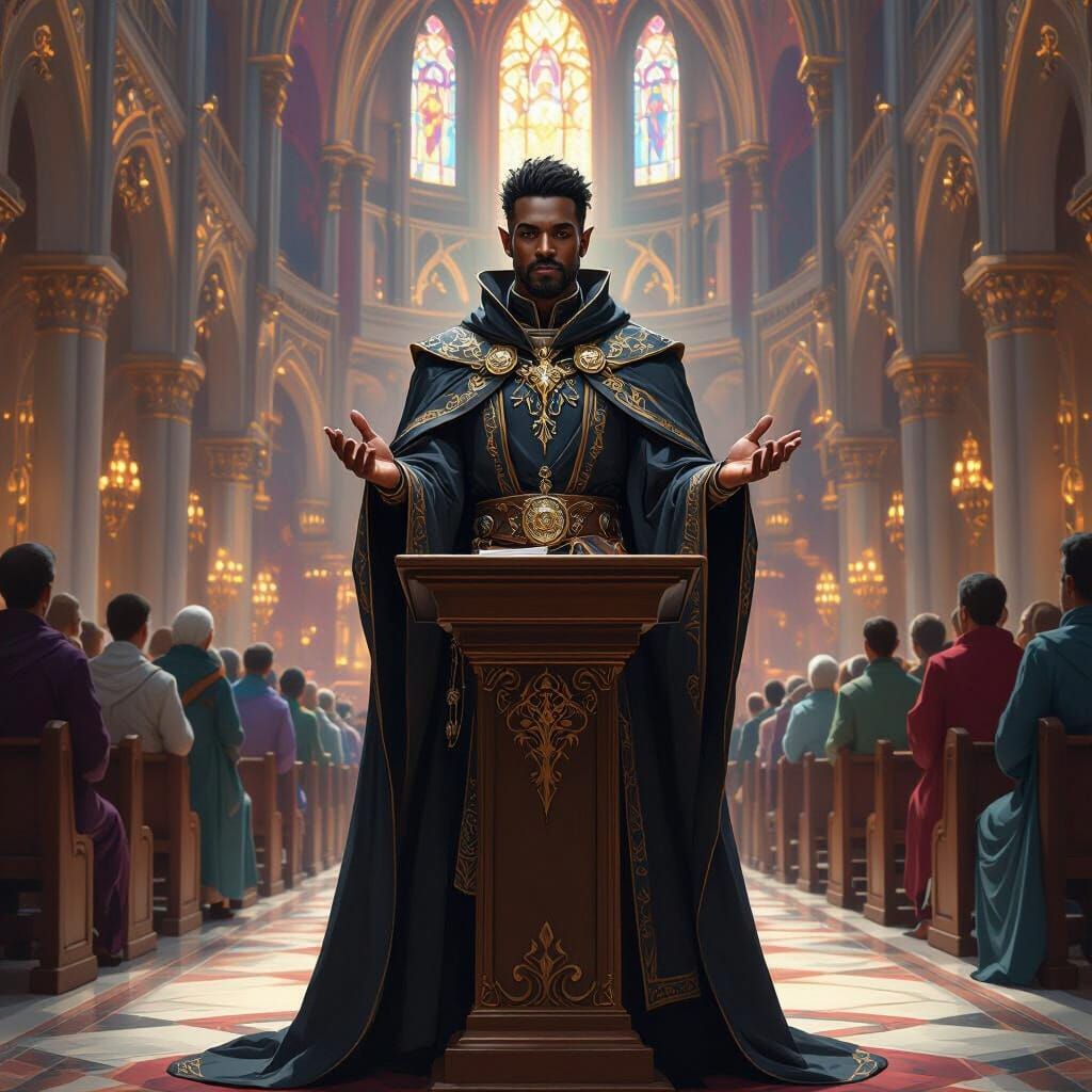 Half-Elf Cleric Addresses Congregation in Grand Cathedral
