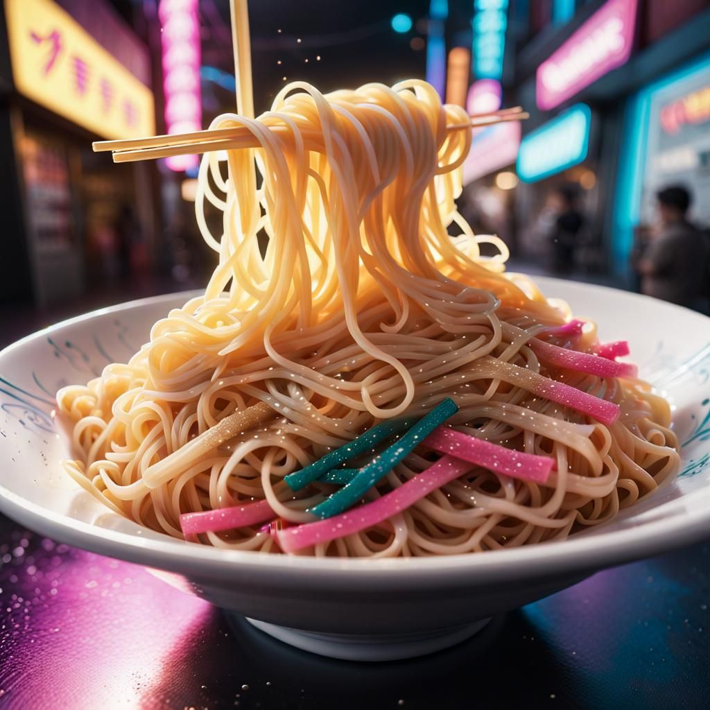 Vibrant Noodles War in Synthwave Style