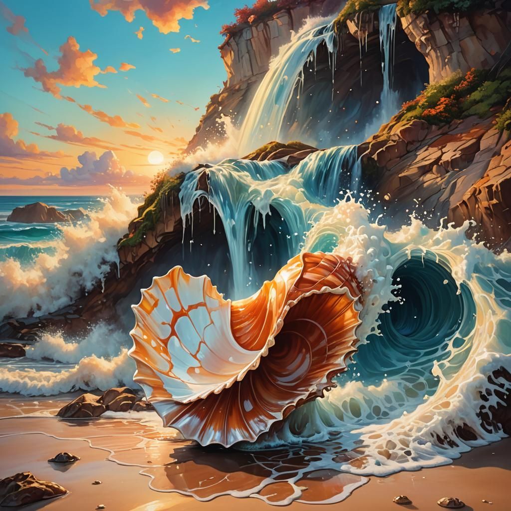 Seashell Waterfall on Magical Beach in Surrealist Style