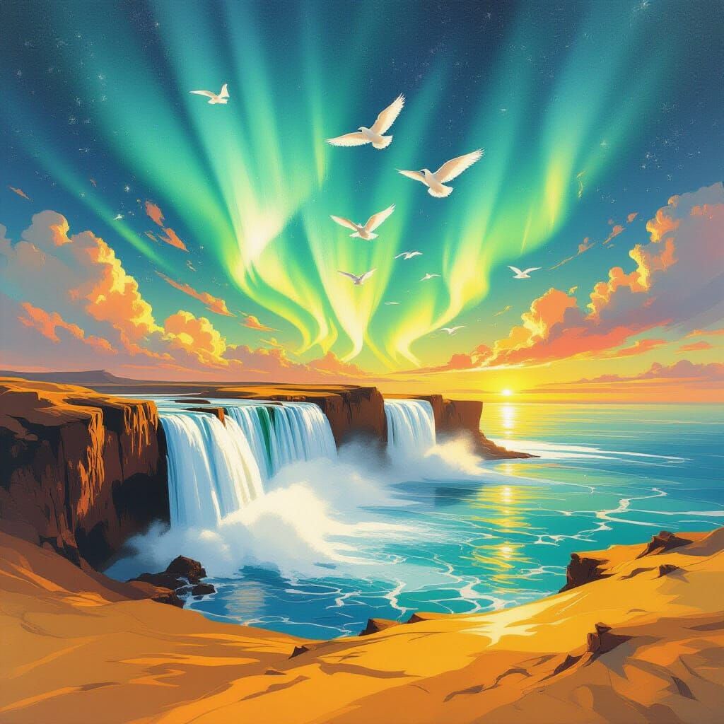 Waterfall From Desert to Sea Under Northern Lights