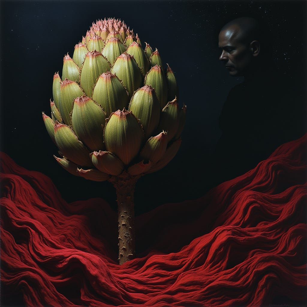Intricate Artichoke in Deep Space, Inspired by Expressionist...