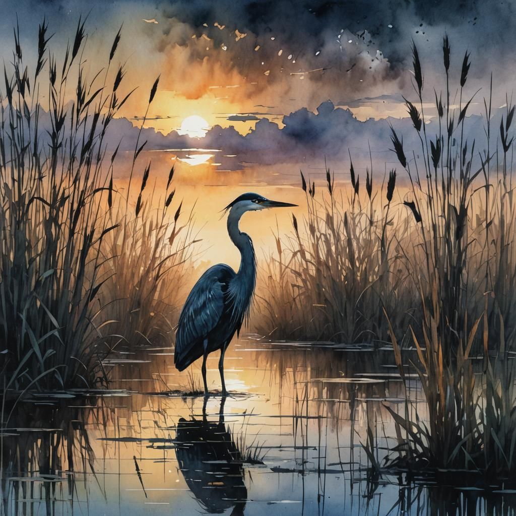 Heron at Sunrise in Dark Wetlands, Watercolor Illustration