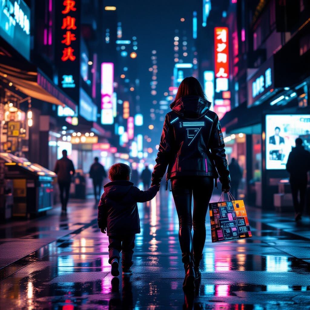 Cyberpunk Mother and Child in Neon Cityscape