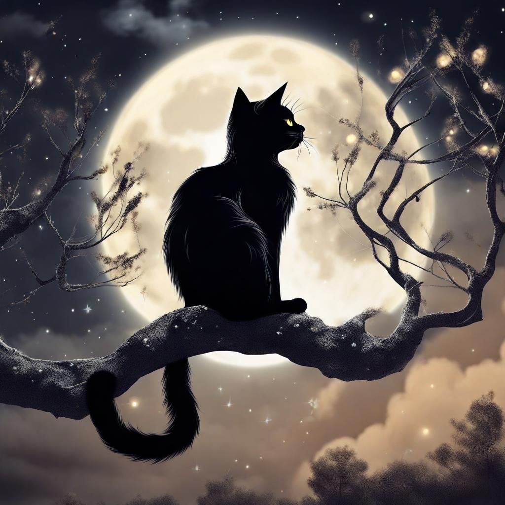 Majestic Black Cat Basks in Lunar Glow