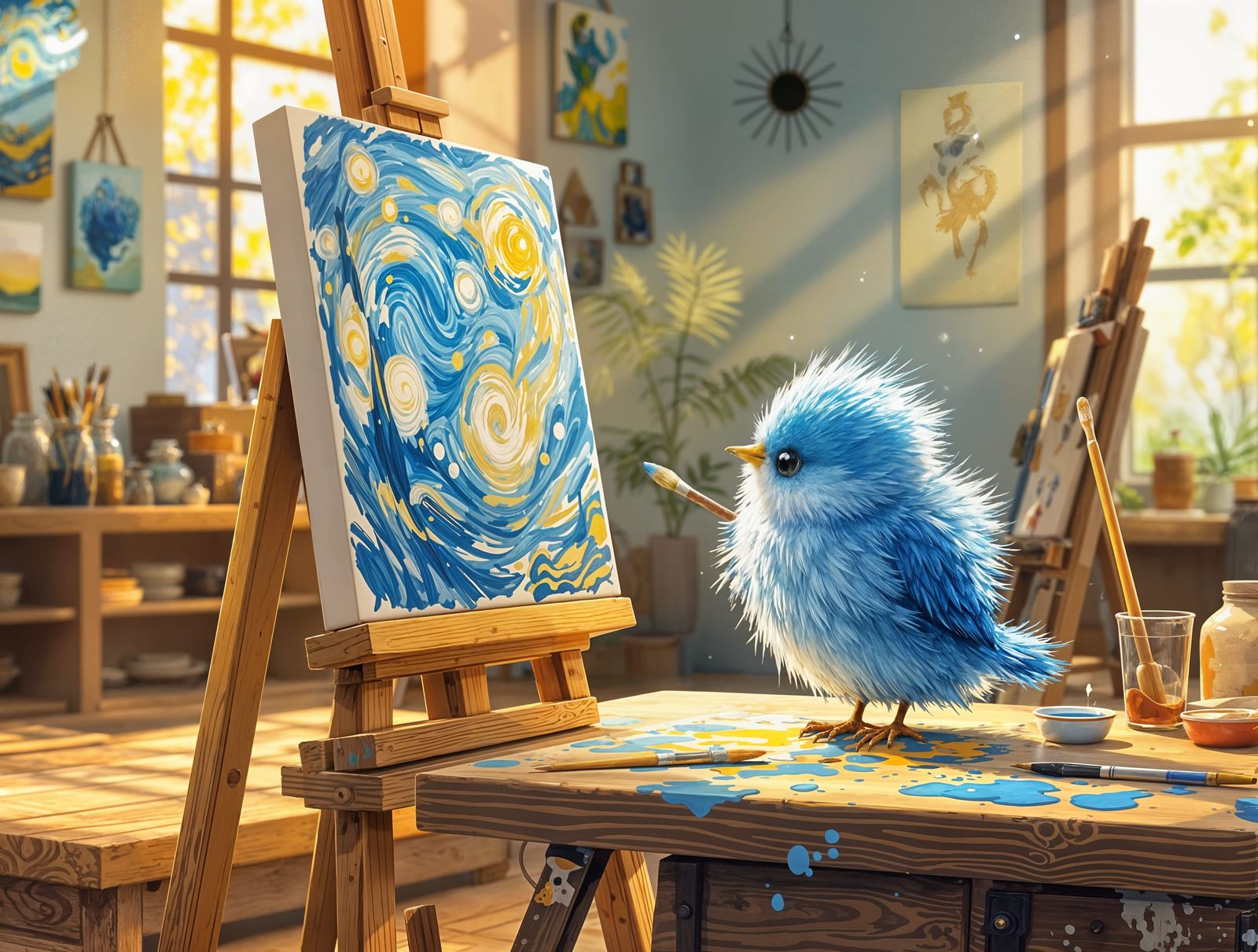 Starry Night Whimsy: Blue Bird Paints in Impasto Studio