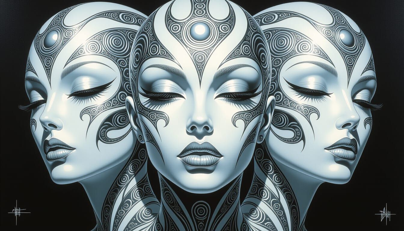 Surreal Sci-Fi Alien Faces in Silver and White