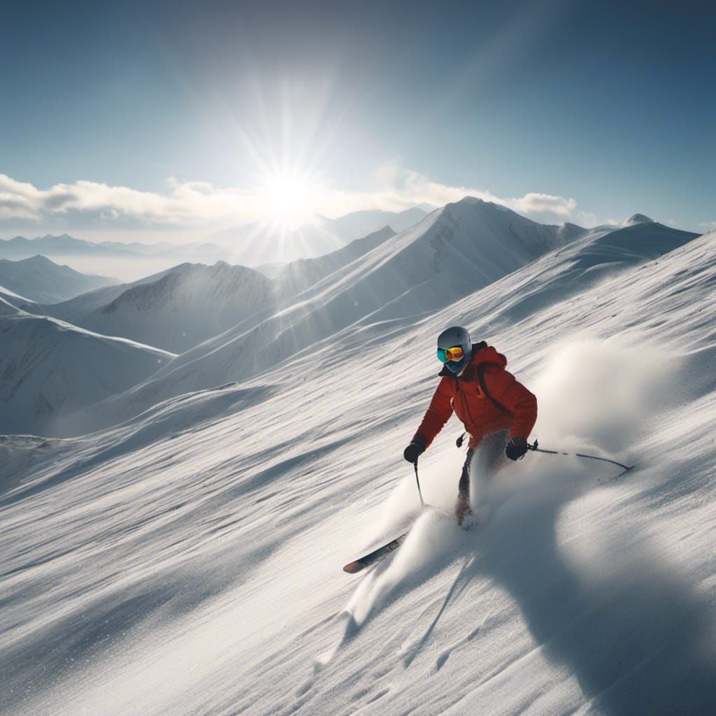 Hyperrealistic Mountain Skier on Elbrus in Sunlight