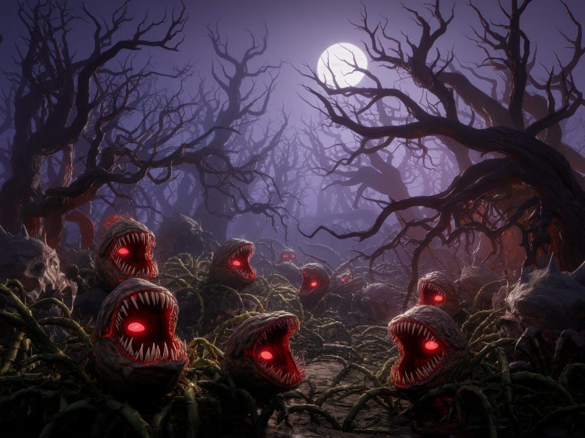 Creepy Carnivorous Garden at Midnight: Dark Fantasy Art